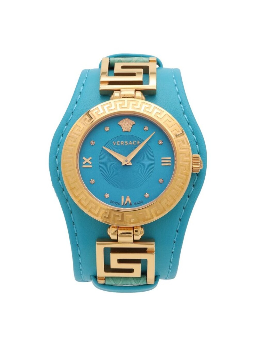 Versace Signature Emerald Blue Dial Leather Strap Quartz Watch